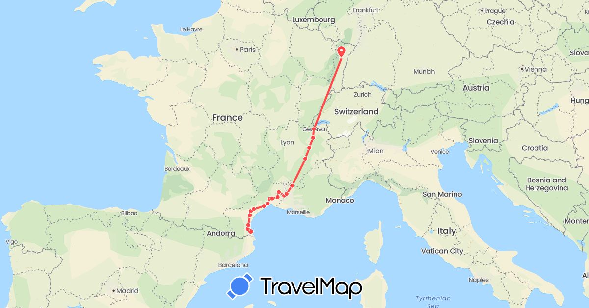 TravelMap itinerary: driving, hiking in Switzerland, France (Europe)