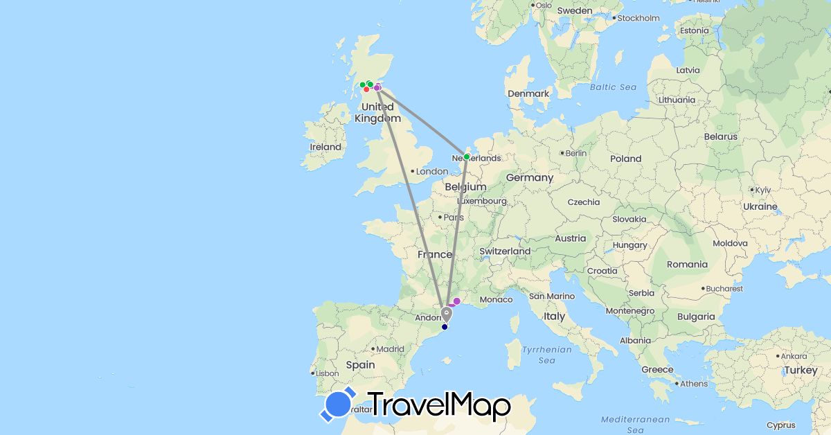 TravelMap itinerary: driving, bus, plane, train, hiking in Spain, France, United Kingdom, Netherlands (Europe)