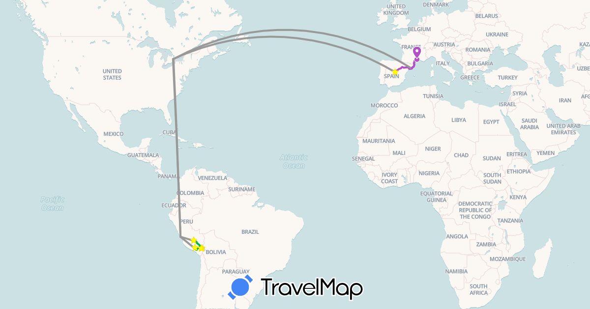 TravelMap itinerary: driving, bus, plane, train, hiking, boat in Canada, Spain, France, Peru (Europe, North America, South America)