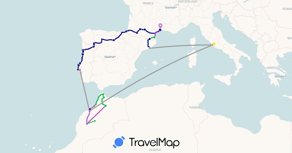TravelMap itinerary: driving, bus, plane, train, hiking in Spain, France, Italy, Morocco, Portugal (Africa, Europe)