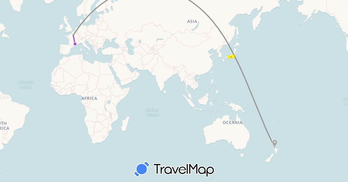 TravelMap itinerary: driving, bus, plane, train, hiking in France, Japan, New Zealand (Asia, Europe, Oceania)