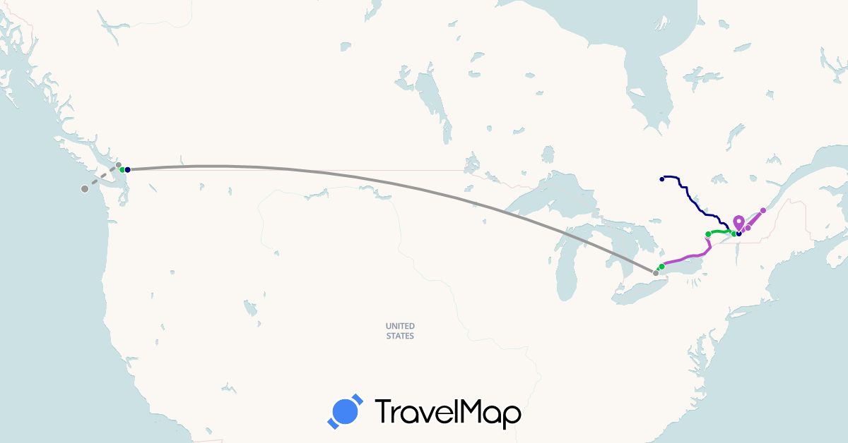 TravelMap itinerary: driving, bus, plane, train in Canada, New Zealand (North America, Oceania)